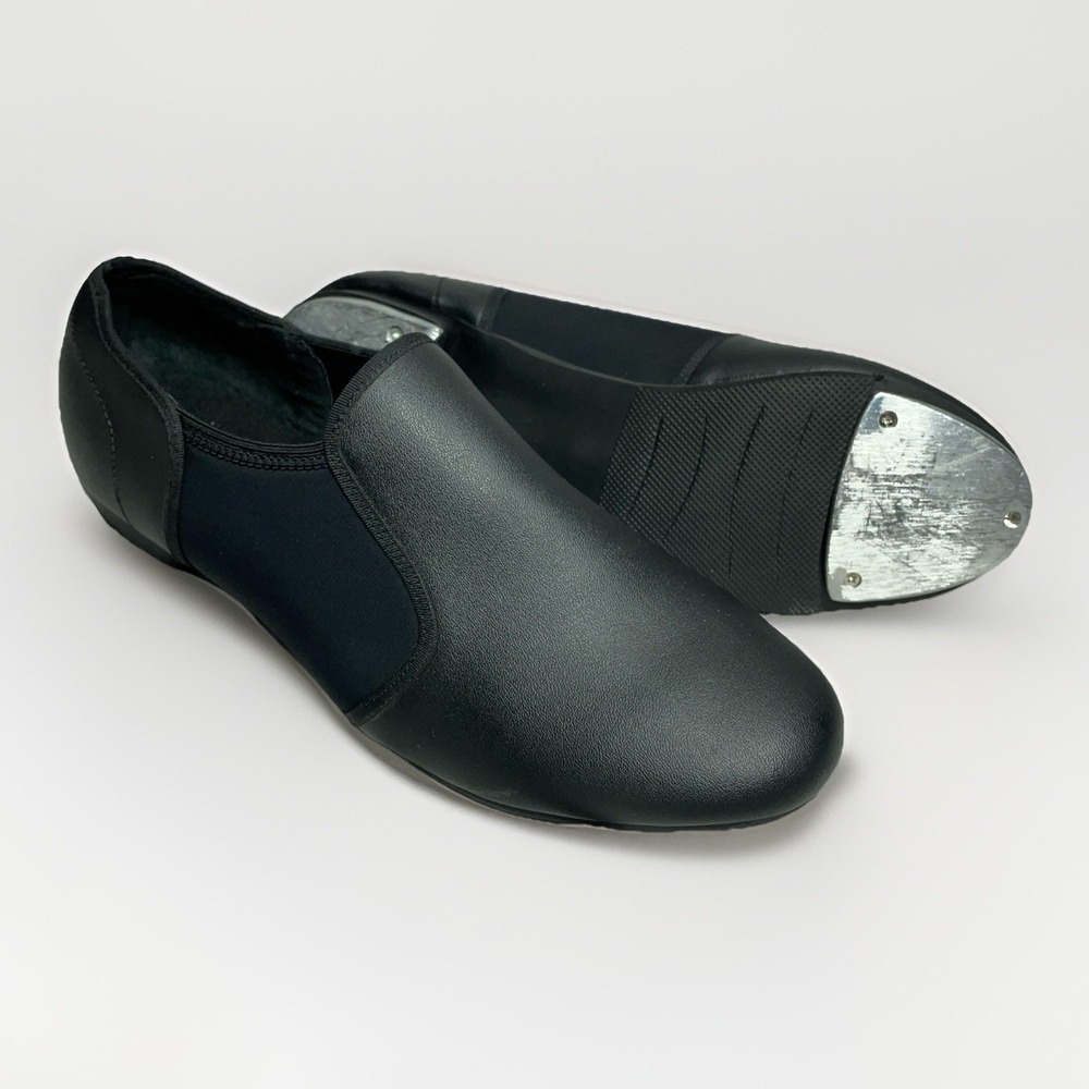 Black Slip-On Tap Shoes Adult Size 10.5A Unisex Synthetic Leather Dance Practice